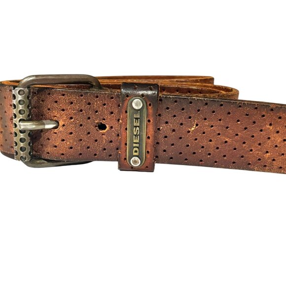 DIESEL Y2K Perforated Leather Belt 100cm Men's Large L Dark Brown Made in Italy - Picture 2 of 8